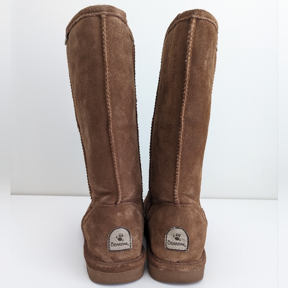 BEARPAW Emma Brown Suede Tall Boots Slip On Sheepskin Women Sz 8 Flat Heel MINT - Picture 13 of 15